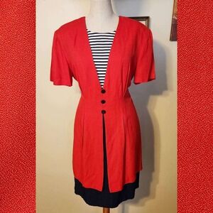 Vintage 1980s Scarlett Red Dress Striped Underlay Retro Party Dress
